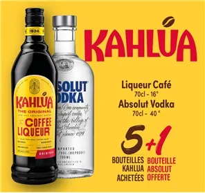 5 LIQUEURS DE CAFE KAHLUA + 1 ABSOLUT VODKA OFFERTE